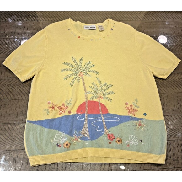 Alfred Dunner Women Short Sleeve Yellow Summer Embroidered Top Sweater Size L - Picture 1 of 6